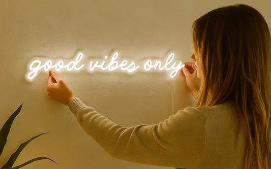 Person interacting with a neon sign that reads 'good vibes only' on a wall.