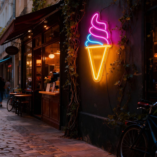 Neon ice cream cone sign on a building exterior with a street scene in the background.