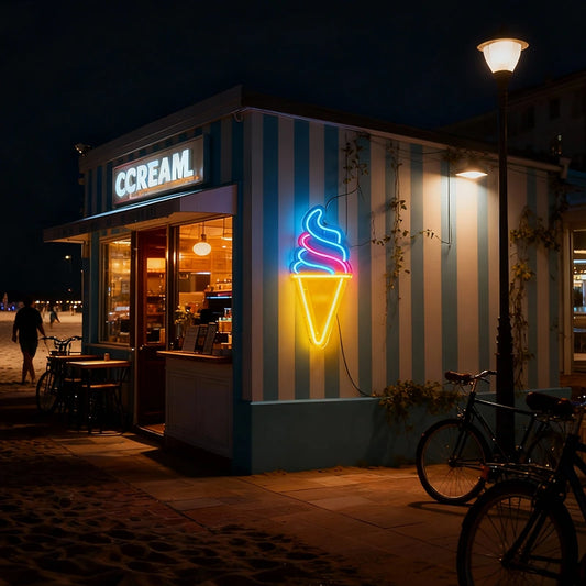 Neon ice cream cone light fixture on a dark wall above a sofa with decorative pillows.
